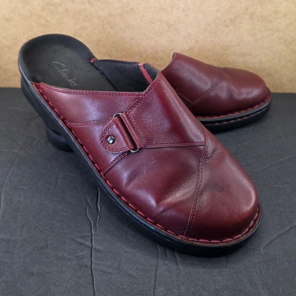 CLARKS Burgundy Leather Mules Women's Shoes Size 9